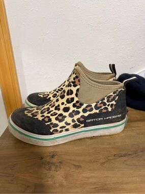 Gator Waders Leopard Slip-On Ankle Booties in Tan/Black